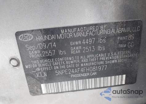 2015 Hyundai Sonata Se from USA, damaged, VIN 5NPE24AF4FH081977